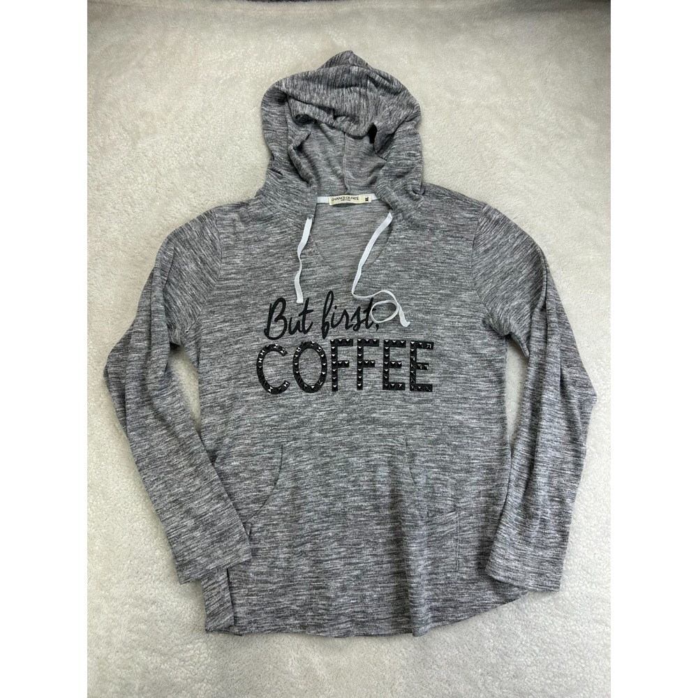 Chance Or Fate Hoodie Womens XL Gray But First Coffee Studded Kangaroo Pockets